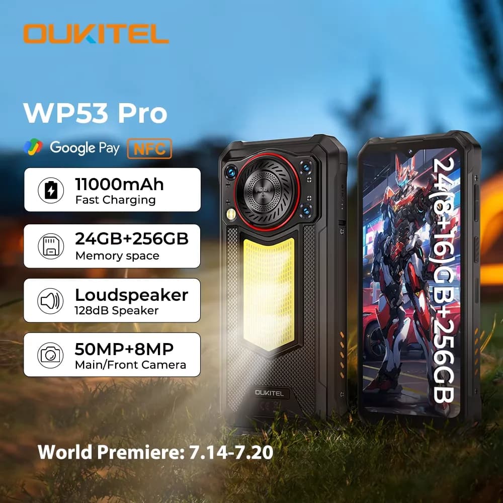 Telefono robusto OUKITEL WP53 PRO, smartphone Android 15 da 24 GB + 256 GB 11000 mAh, cellulare NFC HD da 6,52 pollici Fotocamera da 50 MP 18 W
