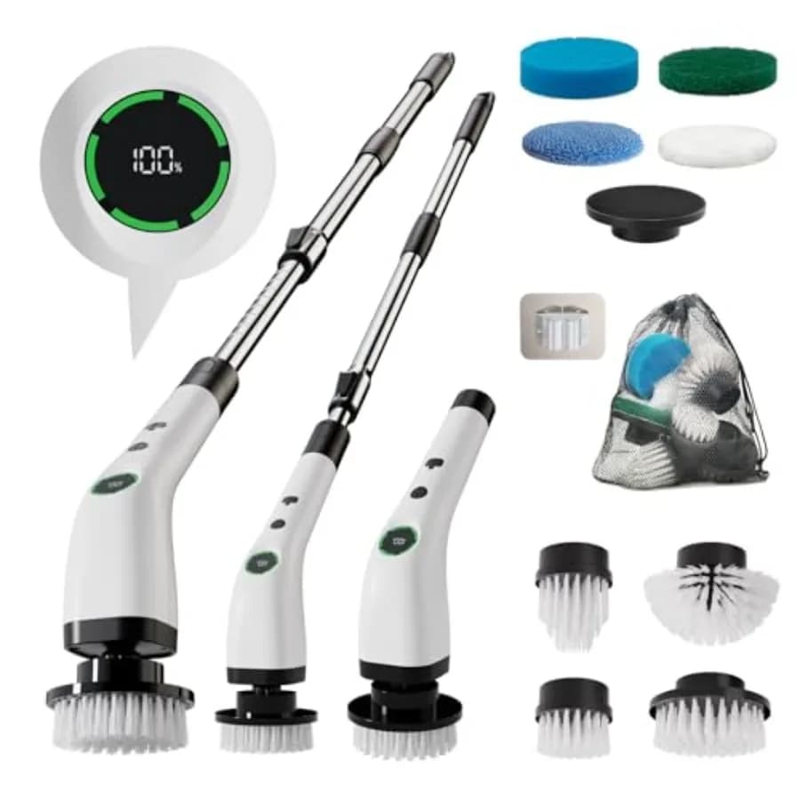 Spazzola Elettrica per Pulizia Bagno Senza Fili, Scrubber Rotante Impermeabile IPX7 con Manico Regolabile e 8 Spazzole Sostituibili