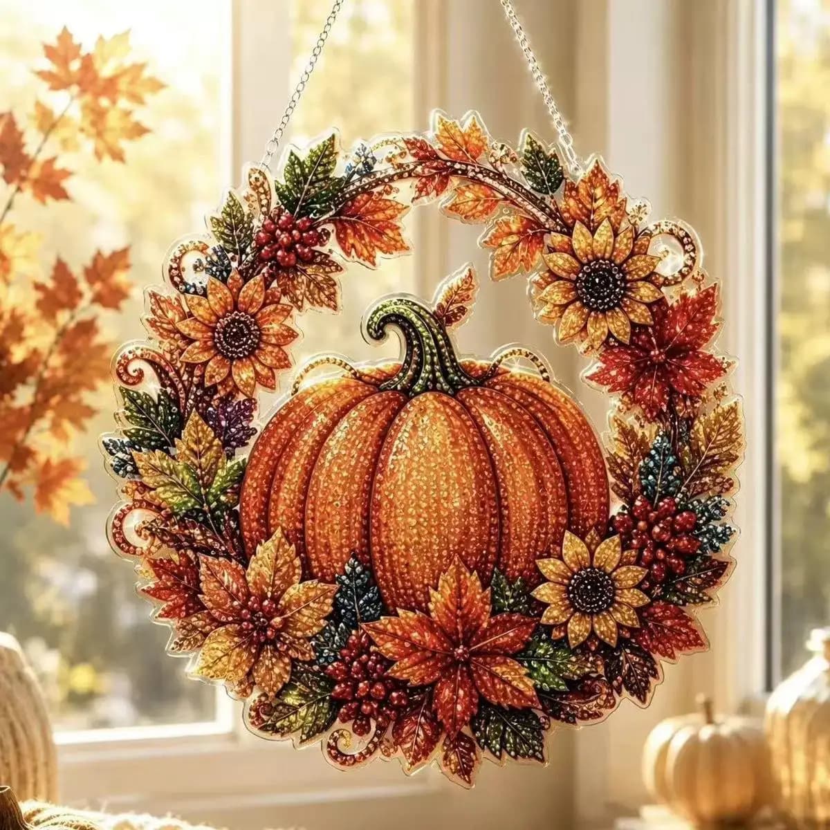 Halloween Pumpkins Diamond Art Hanging Ornament Kit for Adults 5D Black Cat Moon Pearl Art Kits DIY Special-Shaped Suncatcher Pe