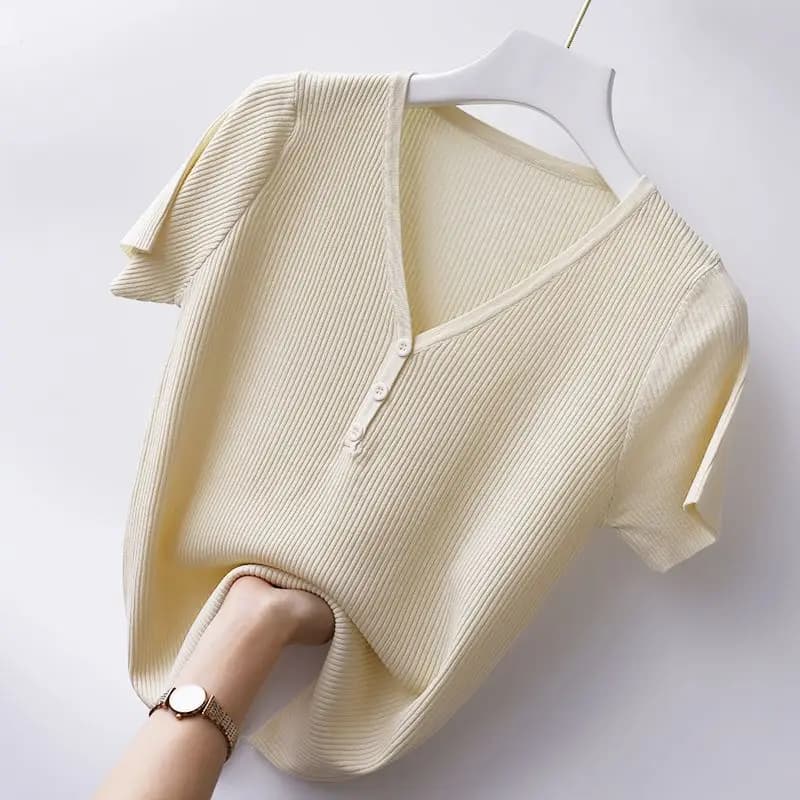 T-shirt in maglia a costine a maniche lunghe con scollo a V 2026 Donna Primavera Estate Casual Top Streetwear Y2K Basic Tops Tees