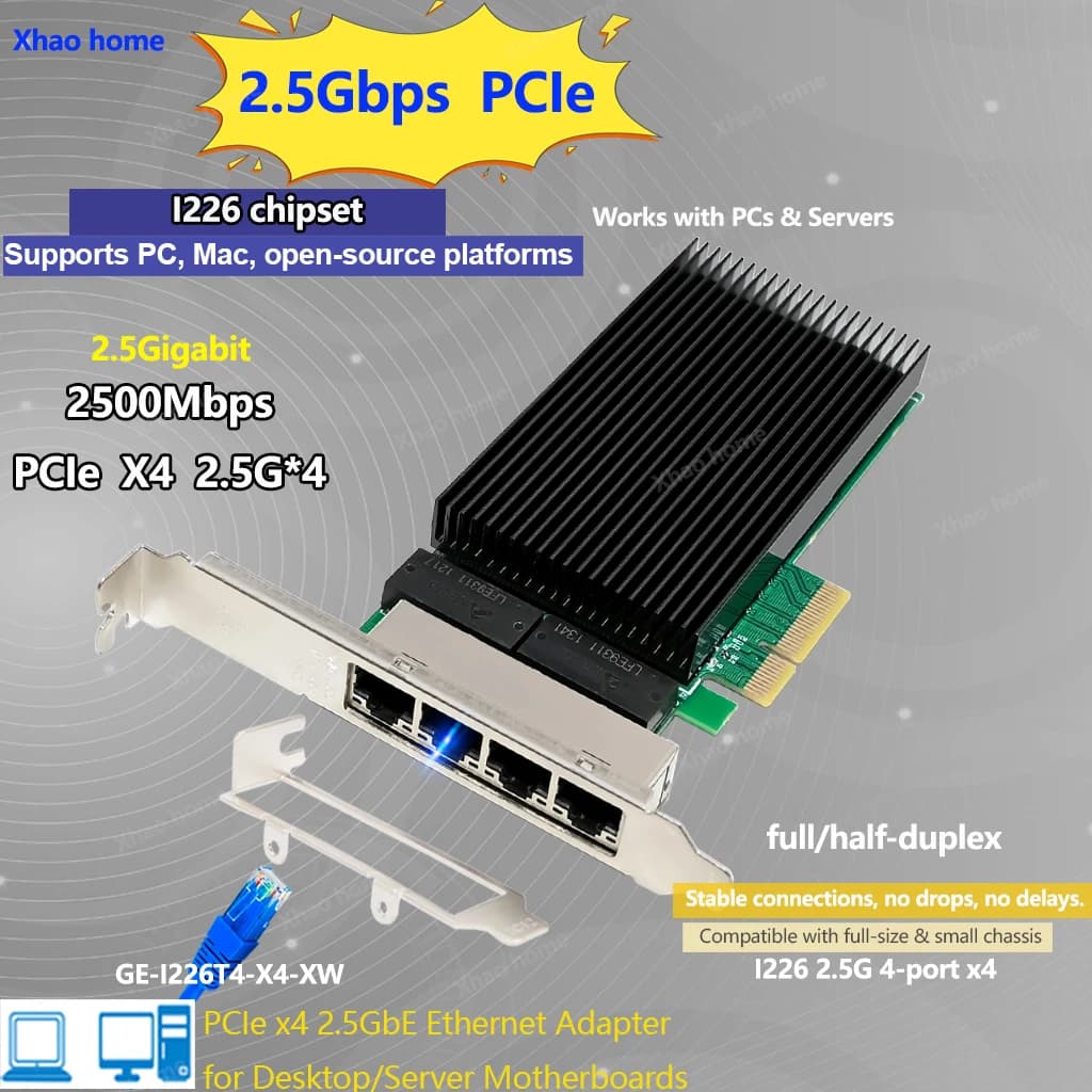 PCIe I226-T4 Quad Port 2.5G Ethernet Adapter 4x 2500Mbps for NAS/Synology/Server/ Desktop Camera Image Acquisition