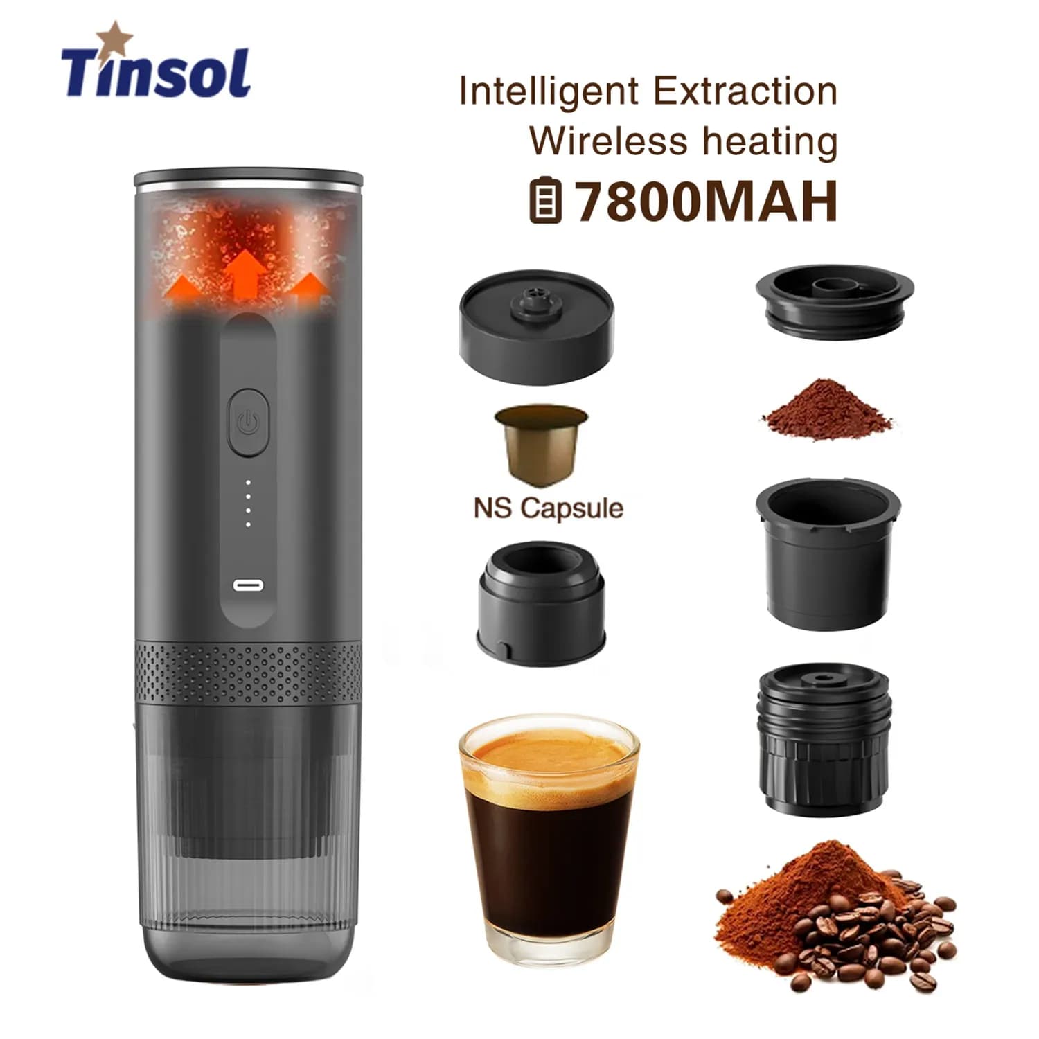 TINSOL Macchina per caffè espresso portatile wireless 3 in 1 Capsule Caffè in polvere Caffettiera da viaggio Estrazione intelligente Riscaldamento wireless