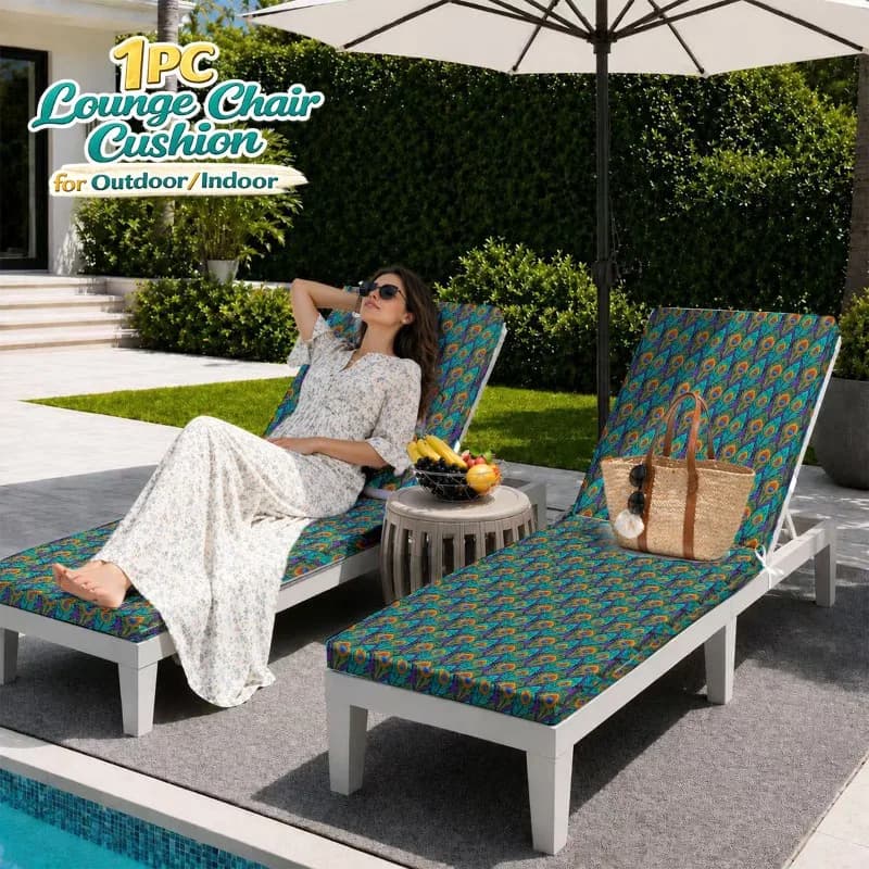 Dirt Resistant Outdoor Lounge Chair Cushion, Southeast Asian Peacock Print High Resilience Foam Thick Cushion with Ties