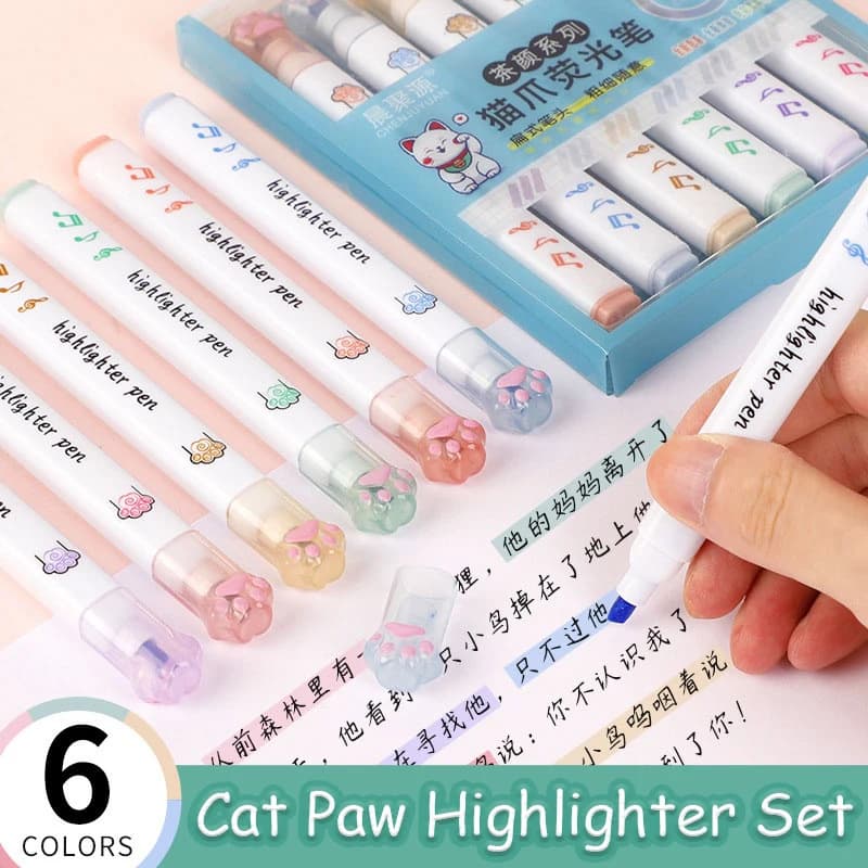 Set da 6 pezzi Evidenziatore zampa di gatto Kawaii 6 colori Pennarelli a punta inclinata Inchiostro liquido per forniture per ufficio di cancelleria scolastica per studenti