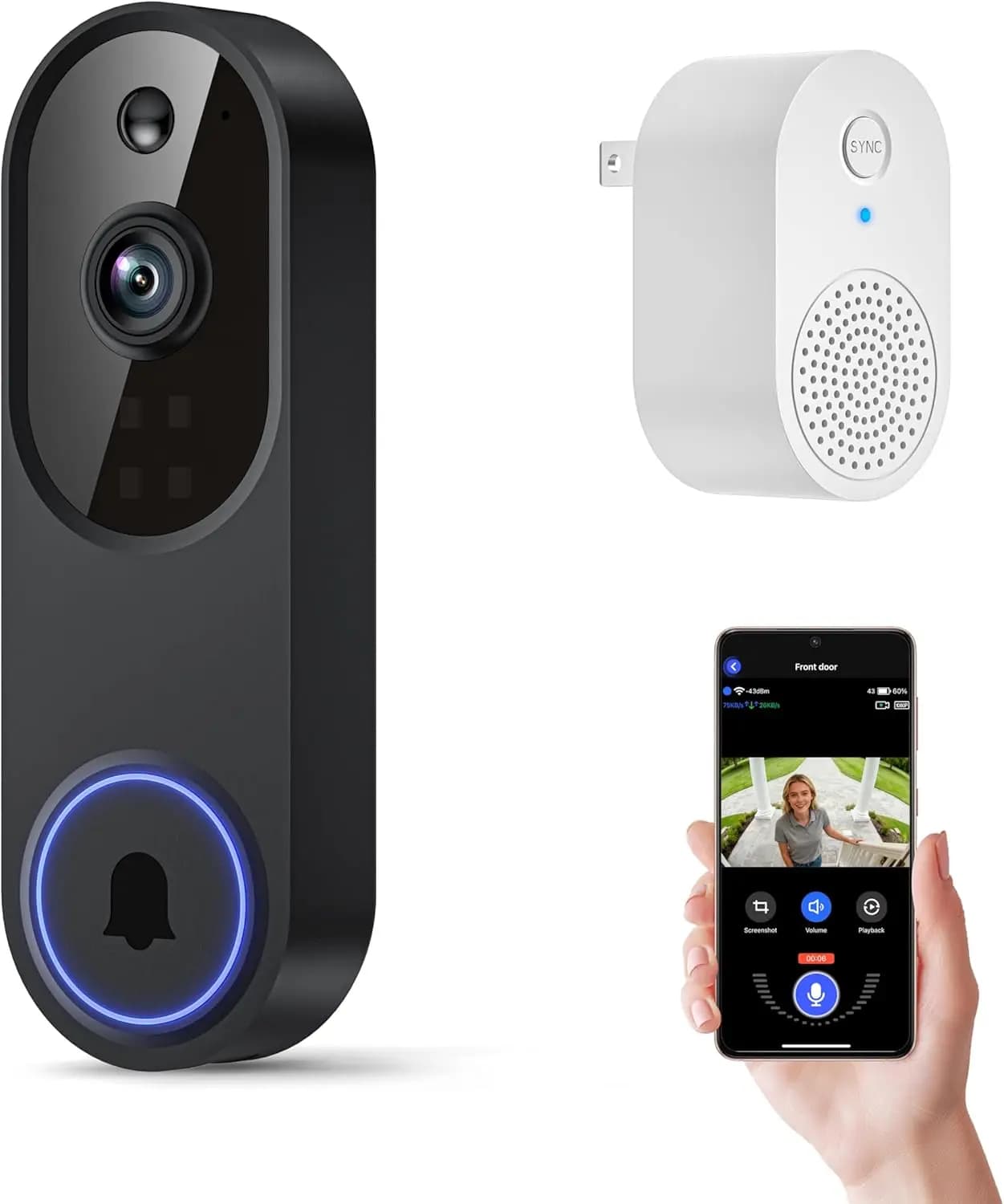 Wireless Wi-Fi 1080p Wireless Video Doorbell with Audio Bidirectional, Night Vision, Cloud Storage, AI Movement Detection, 2.4GHz Wi-Fi