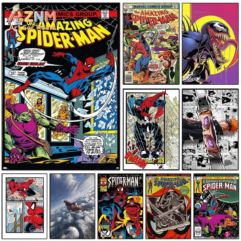 Vintage The Amazing Spider‑Man Comic Canvas Wall Art Superhero Venom Green Goblin Print Poster, Frameless Wall Picture for Boy