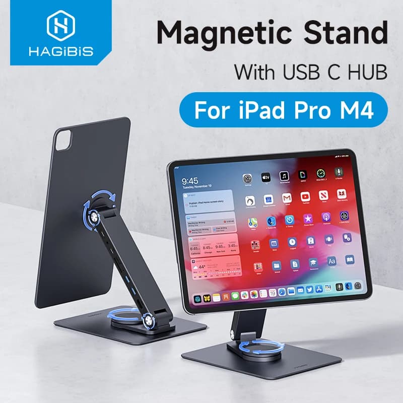 Hagibis Supporto magnetico per iPad Pro M4 2024 11 pollici 13 pollici con docking station per tablet Hub 360 ° Supporto pieghevole per montaggio regolabile