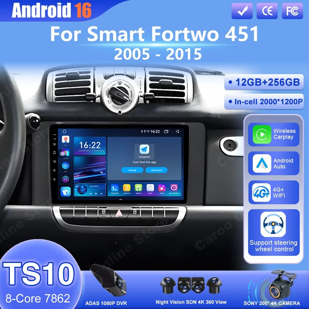 Android 16 Stereo Autoradio For Mercedes Benz Smart Fortwo 451 2005 - 2015 Auto Carplay Auto Multimedia Video Player 4G Main Unit