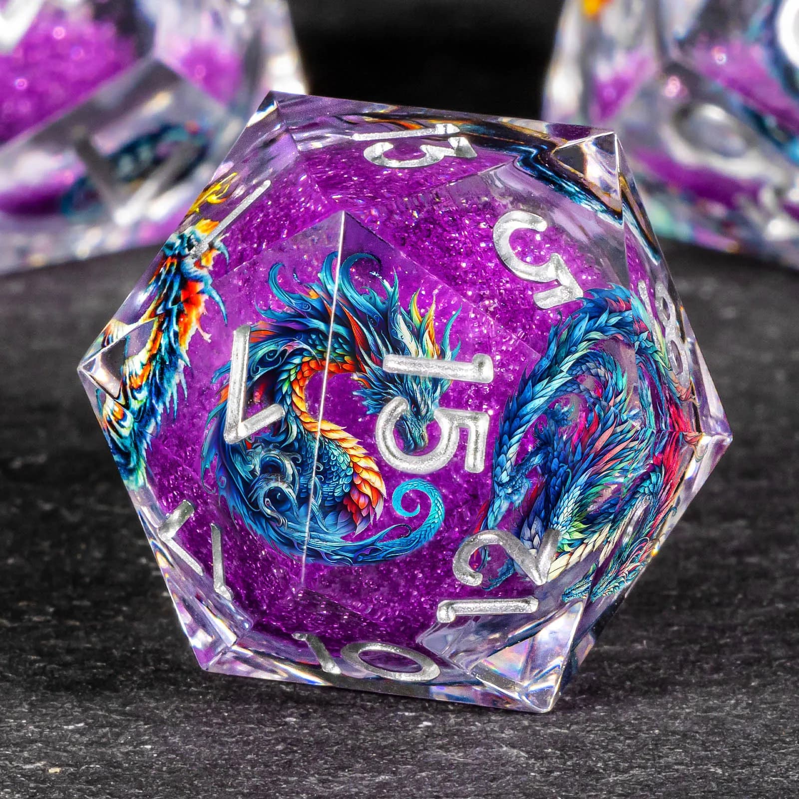 Set di dadi DND Dragon Liquid Core, set di dadi con bordo affilato da 7 pezzi Dungeon e Dragon, dadi D&D in resina viola fatti a mano per giochi di ruolo