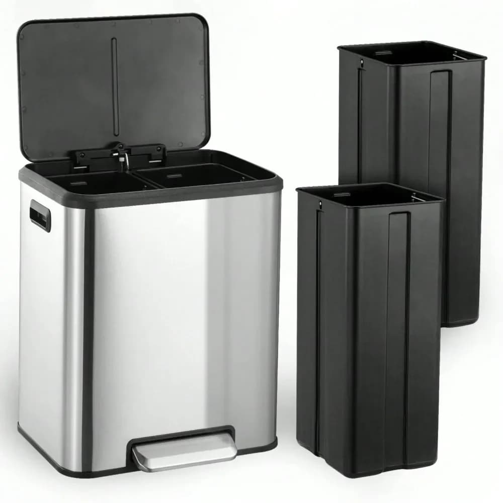 Bidone della Spazzatura Doppio in Acciaio Inox, 2 x 4 Galloni (2 x 15L), Contenitore per Rifiuti a Doppio Scomparto con Pedale, Bidone per Riciclo in Acciaio con Due Scomparti