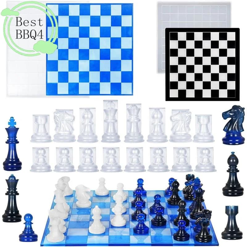 (BBQ4)Resin Chess Set Mold With Chess Board Silicone Resin Molds 3D Silicone Chess Resin Mold For DIY Craft Making Birthday Gift