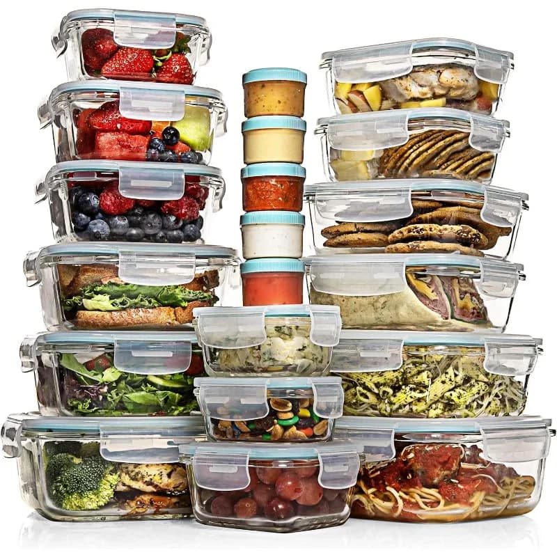 Set da 35 contenitori per alimenti in vetro con coperchi - Scatole Bento ermetiche per la preparazione dei pasti, senza BPA, 100% a prova di perdite (15 coperchi, 15 bicchieri)