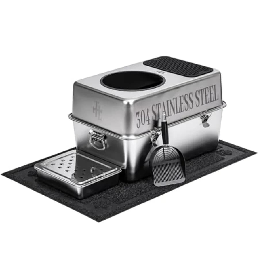 304 Stainless Steel Cat Litter Box, Fully Enclosed Leak-Proof Rust-Proof Top-Entry XL Litter Box with Metal Scoop, Litter Mat,