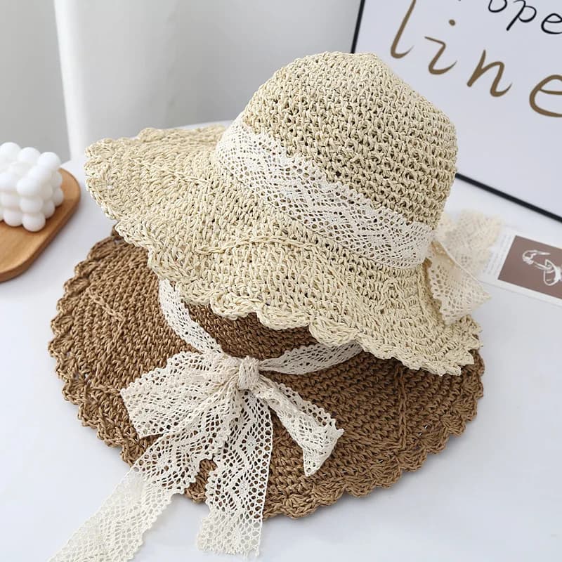 Nuovo Cappello Estivo da Spiaggia per Donne, Popolare Cappello di Paglia a Tesa Larga con Farfalla in Pizzo, Cappello da Sole per Esterni, Regalo per Feste