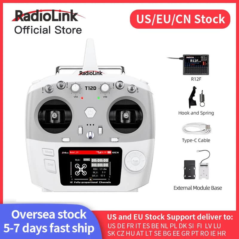 Radiolink T12D ELRS Transmitter 12 Channels, Receiver R12F, External Module, 2.4Ghz Remote Control for Air Drone Auto Boat