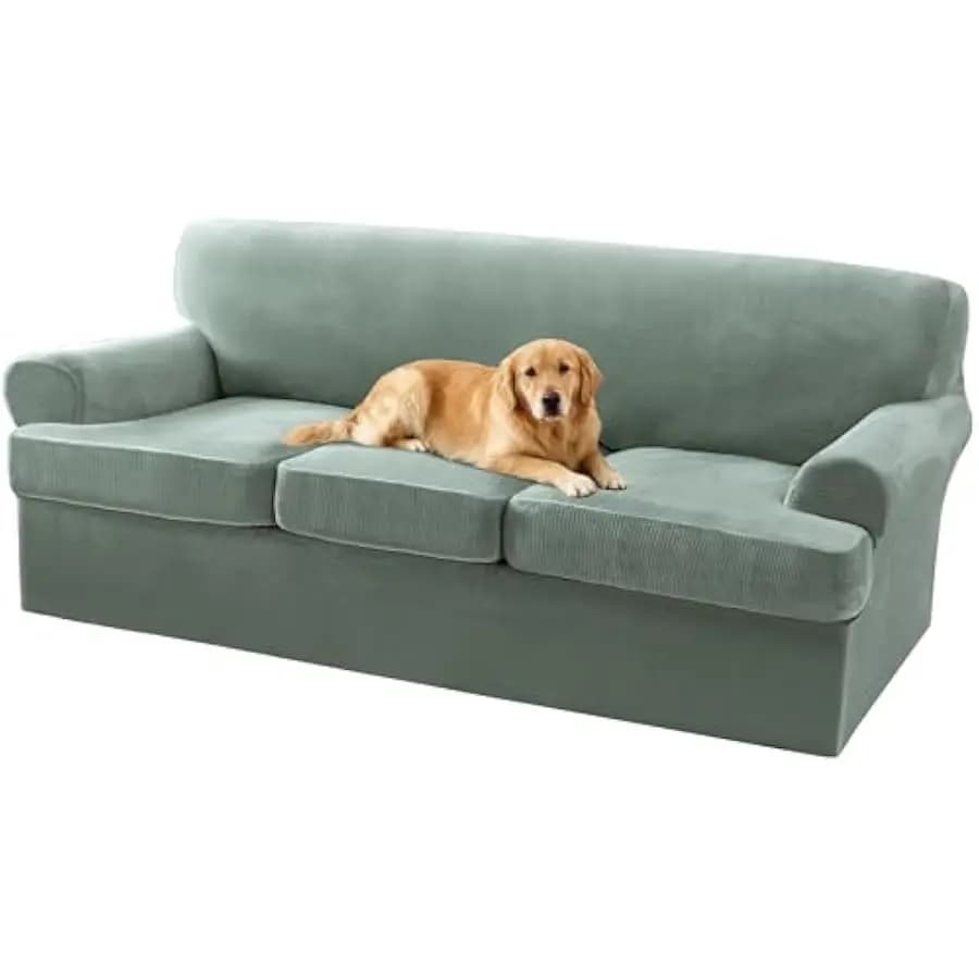 Turquoize T Cushion Sofa Slipcover 4 Piece Sofa Covers for 3 Cushion Couch Thick Velvet Couch Cover Stretch Furniture Covers wit