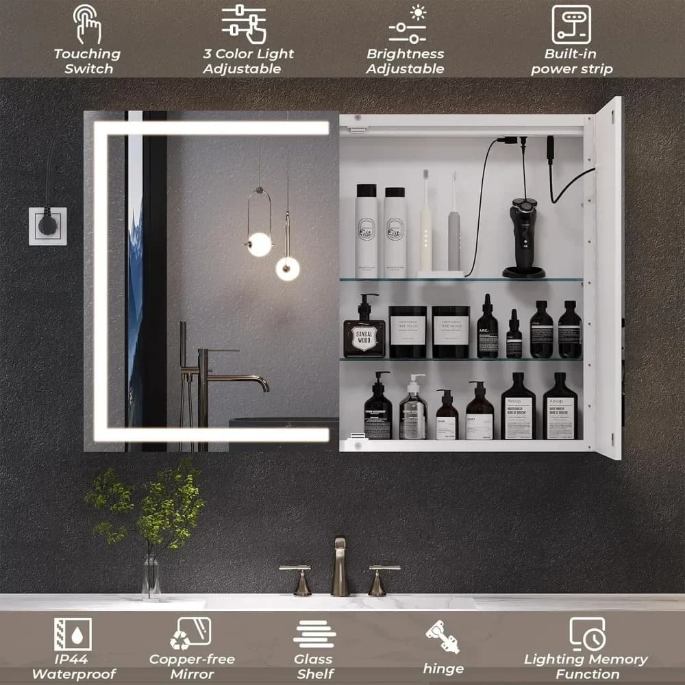 -Specchio da bagno a parete con portaoggetti, pensile da bagno a 2 ante con luci a LED, 31,5'' X 23,6''