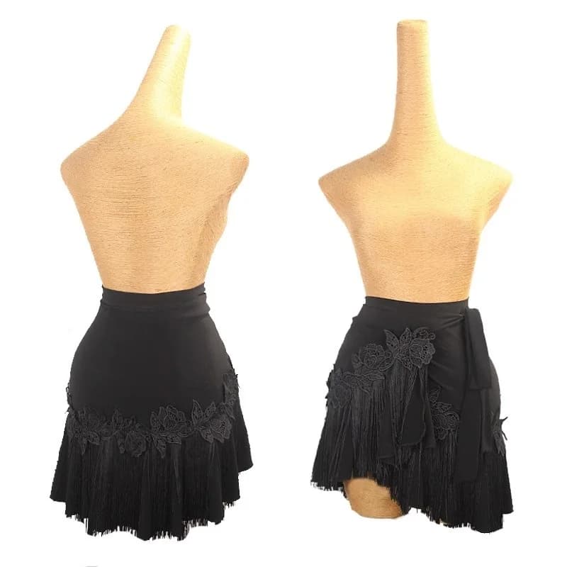Latin dance skirt, scarf on the sides with fringes in one piece, practice dress with pink flowers, women's dance practice skirt