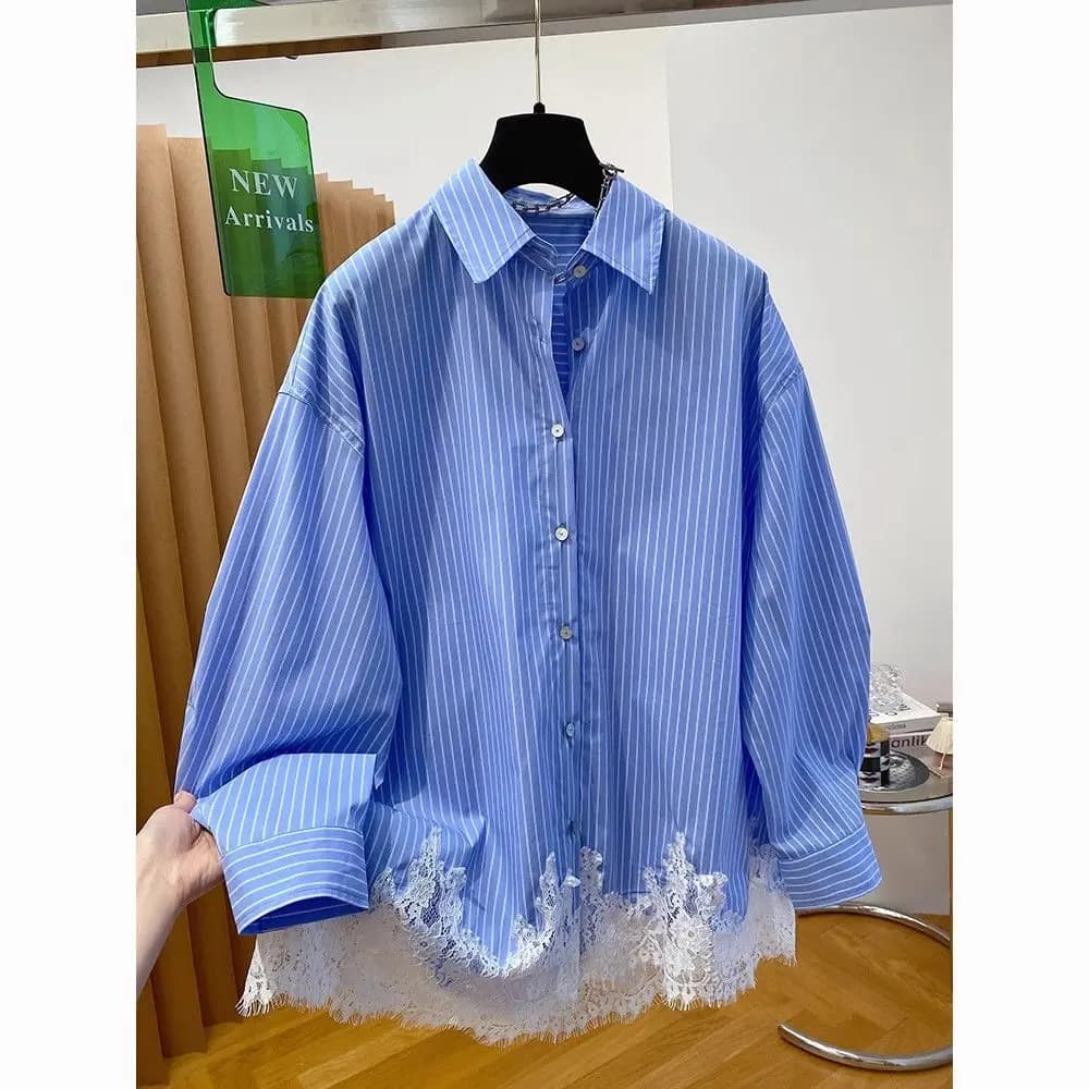 Lace Patchwork Long Sleeved Blue Striped Shirt Blusas Femininas Elegantes Shirts & Blouses Camisas De Mujer Summer