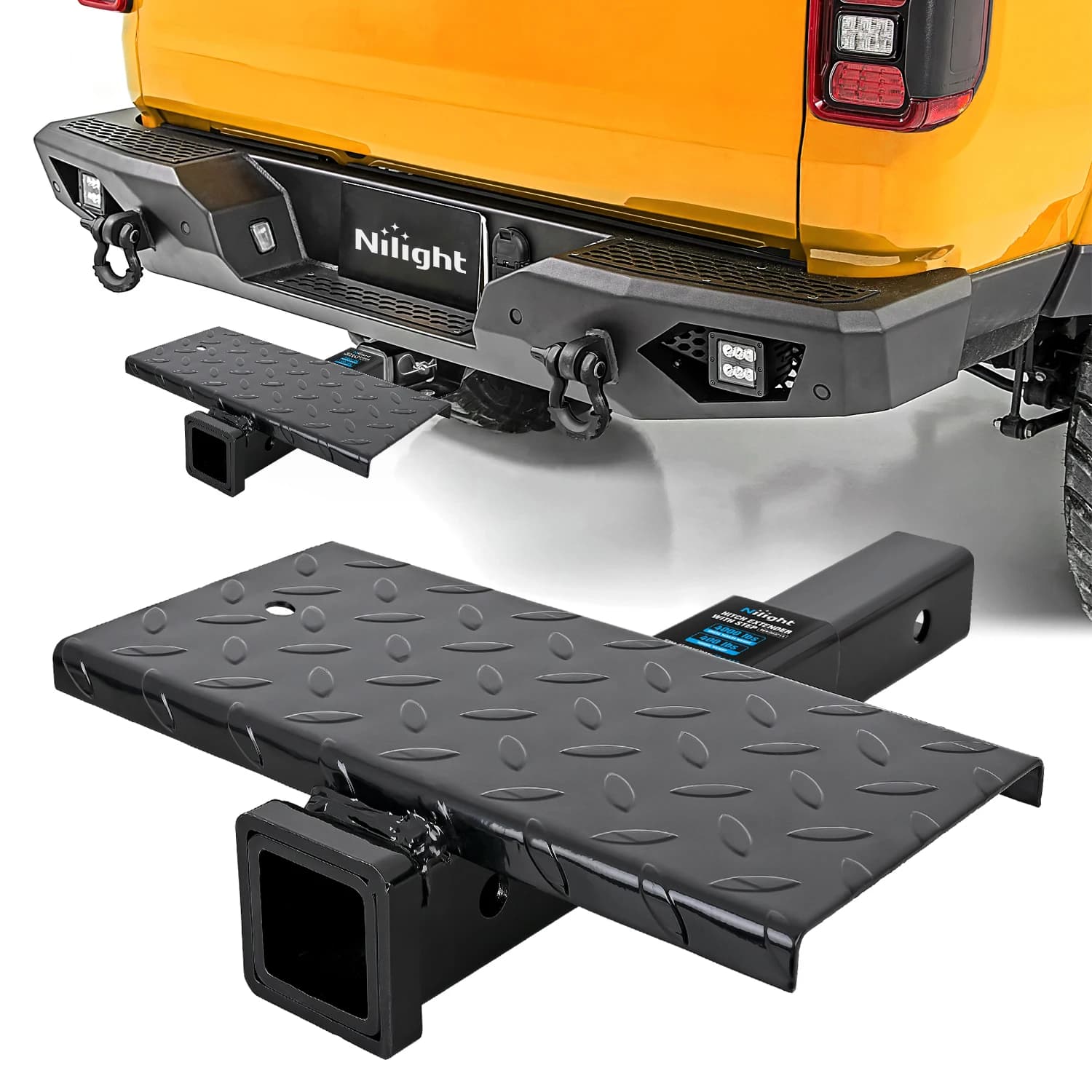 Nilight Hitch Extender with Step 2" Receiver 14"x7" Anti-Slip Diamond Plate 4000 lbs Towing/400 lbs Tongue Weight Heavy Duty Steel Bumper Guard for Truck SUV