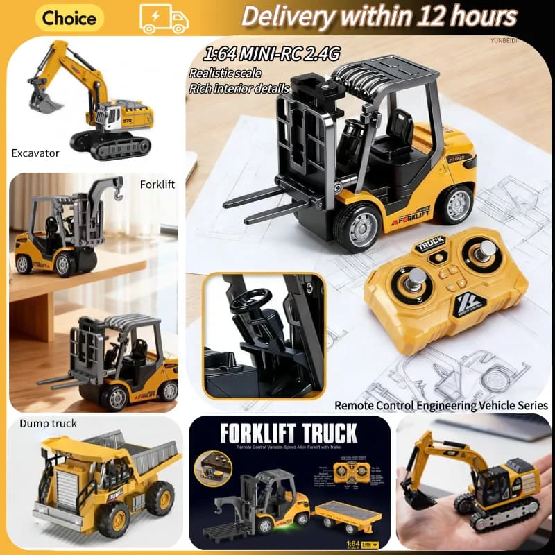 Mini Carrello Elevatore RC 1:64 2.4G in Lega con Rimorchio, Escavatore, Gioco da Tavolo, Camion da Costruzione Telecomandato, Giocattolo per Bambini, Regalo