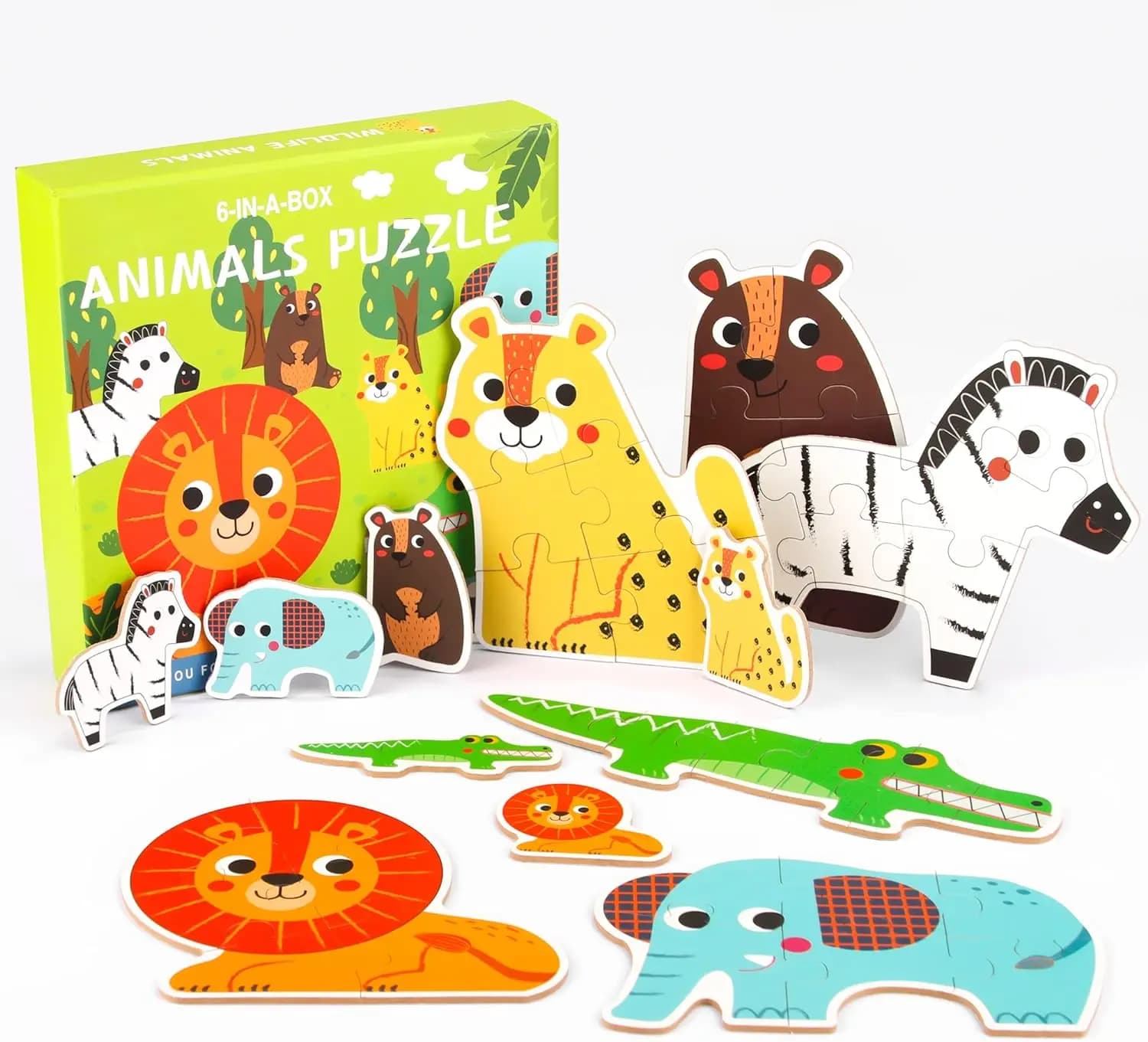 6 confezioni di puzzle in legno a forma di animali per i più piccoli di età compresa tra 2 e 5 anni, giocattoli per l'apprendimento di Montessori, attività educativa prescolare