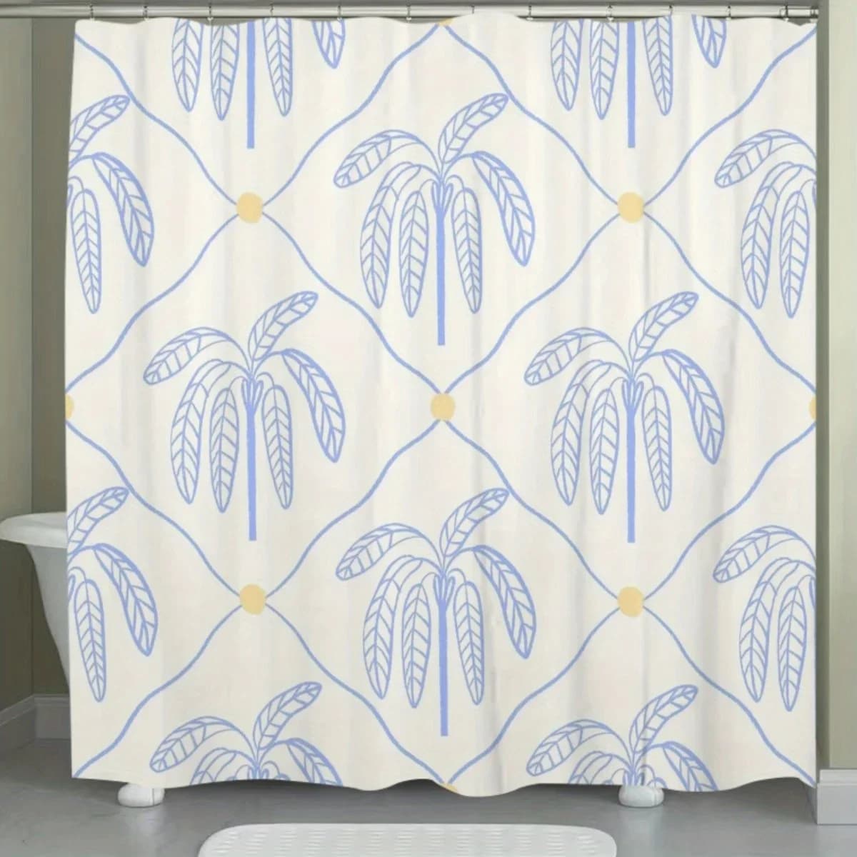Tenda da doccia con palma blu - Poliestere, anelli ultra larghi, non perforata, lavabile in lavatrice, ideale per l'arredamento del bagno