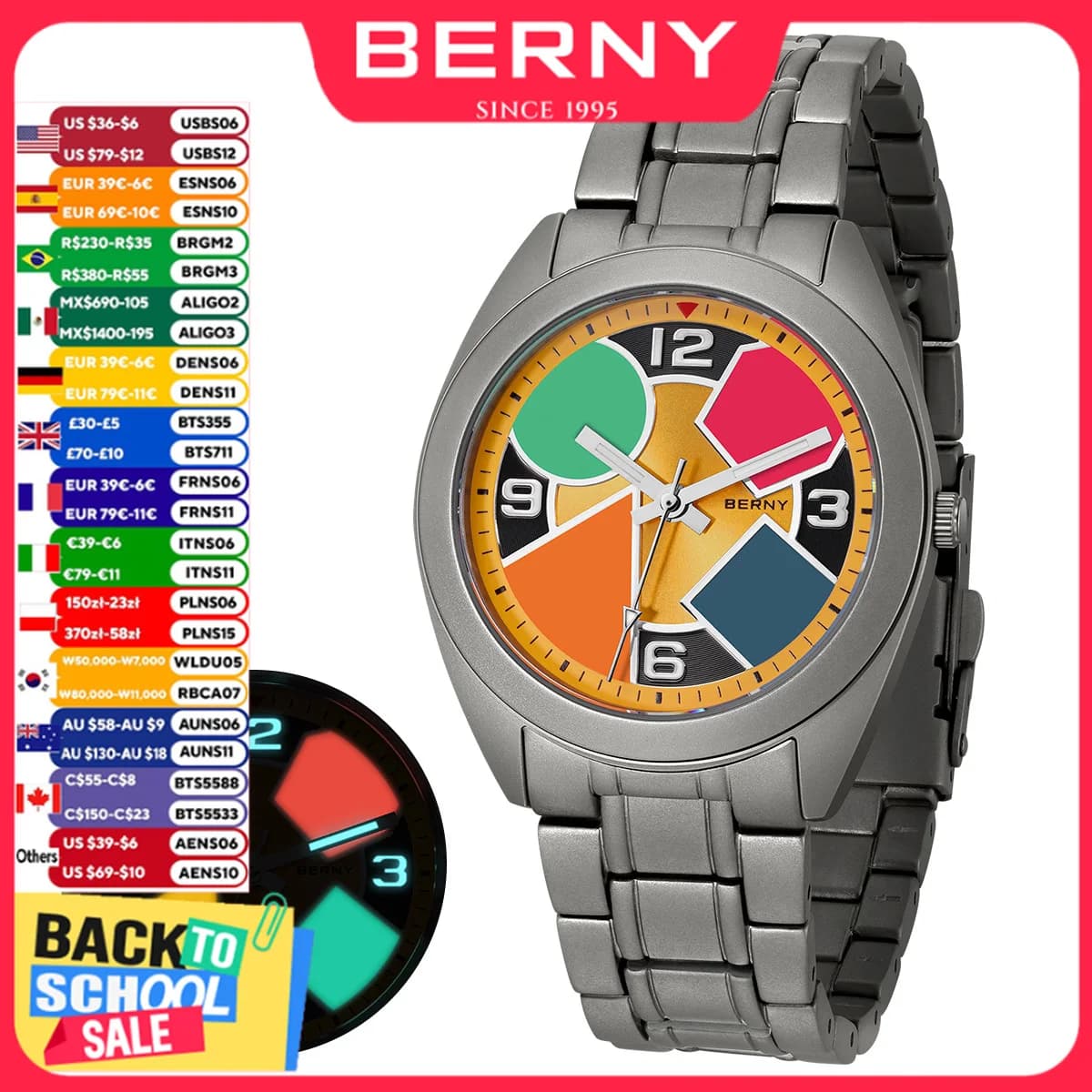BERNY Titanium Men's Watch with AR Coating, Sapphire, Contrast Geometric Dial, Titanium Men's Watch with Multicolor Light Canvas