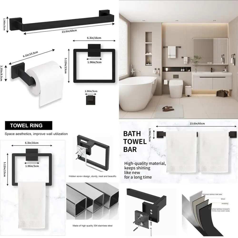 Set di accessori da bagno neri da 15 pezzi, portasciugamani in acciaio inossidabile 23,6, hardware a parete per portasciugamani