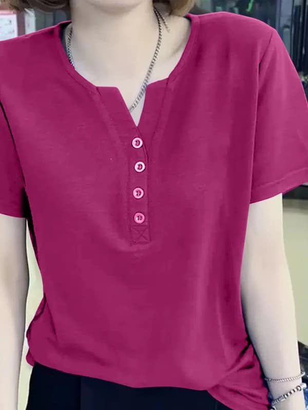 2026 New Fashion Button up V-Neck Short Sleeve Women's Cotton T-Shirt Loose Casual Summer Wear plus Size Slimming Top