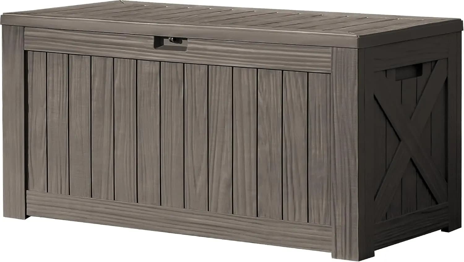 120 Gallon Large Deck Box Outdoor Storage Cabinet Waterproof Resin Storage Bench Lockable Yard Patio Organizer Frame For Lawn Cushion Pool Tools Furniture Natural Wood Grain