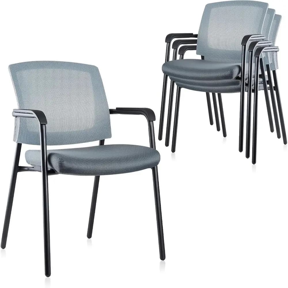 Sedia impilabile con schienale in rete, supporto lombare ergonomico e cuscino imbottito, grigia, confezione da 4 per sale conferenze