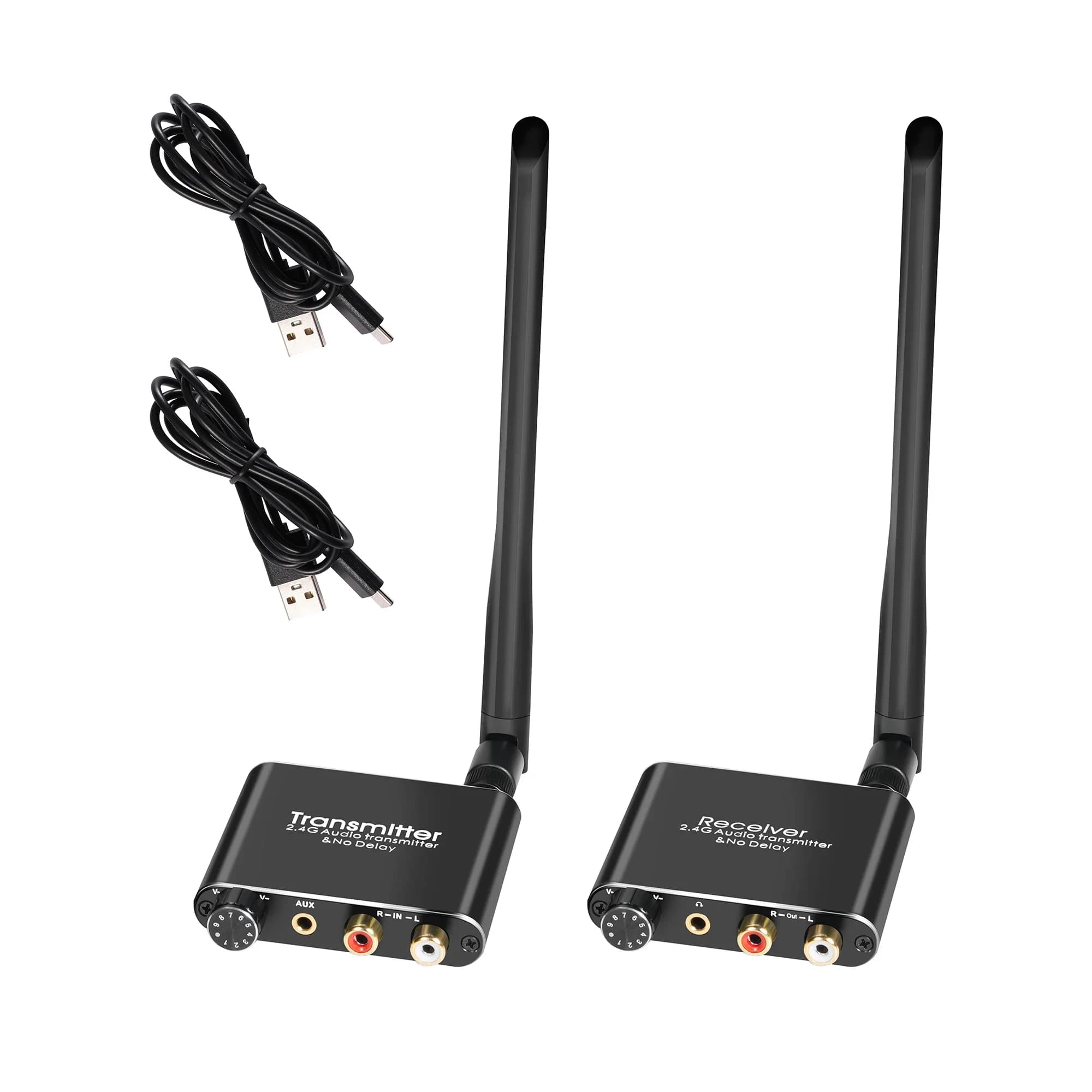 2.4G 50M Wireless Audio Transmitter and Receiver R/L 3.5mm RCA Audio Extender for Phone Laptop PC Projector To Amplifier Speaker