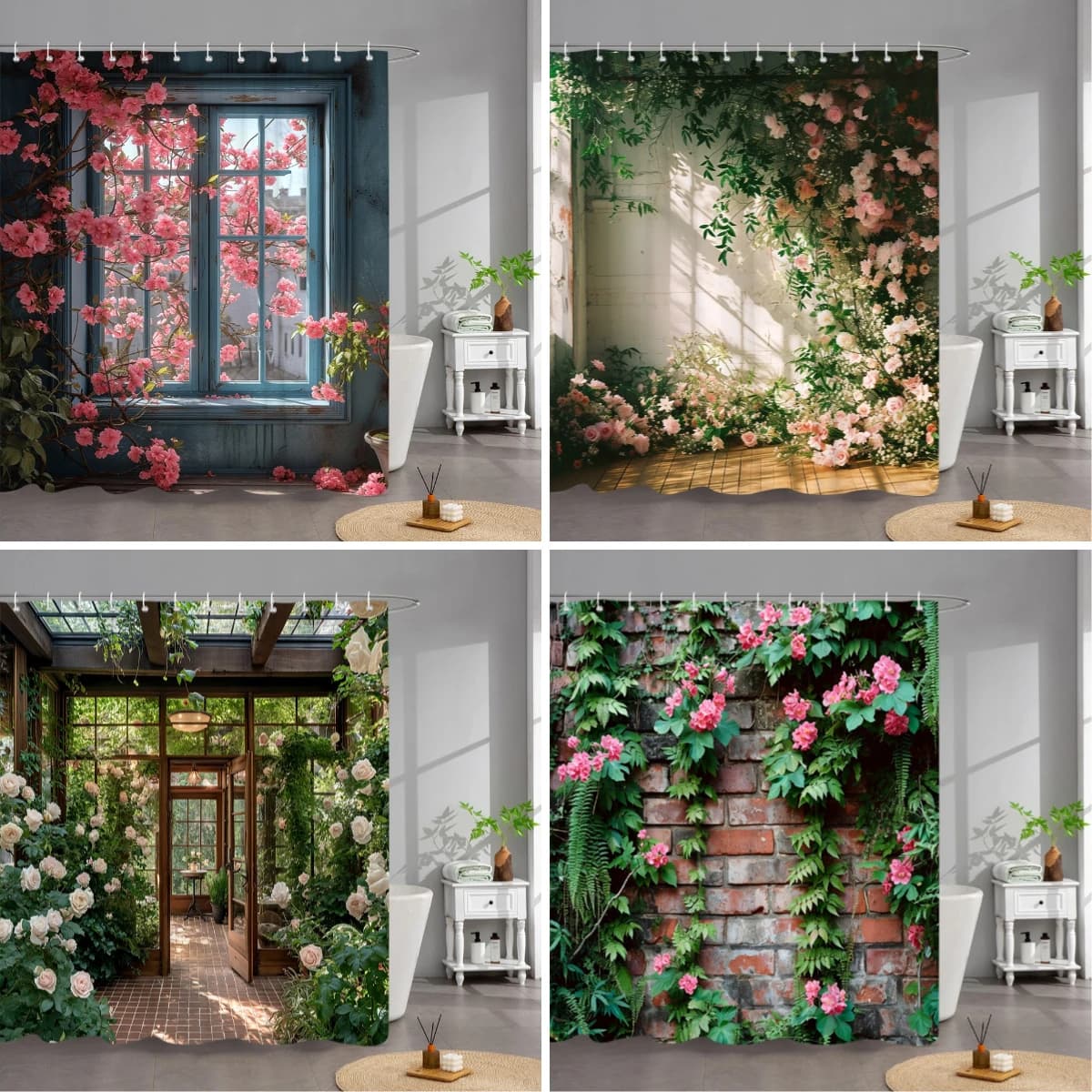 Garden Rose Window Wall Floral Scene Print Waterproof Fabric Shower Curtain For Bathroom Decor