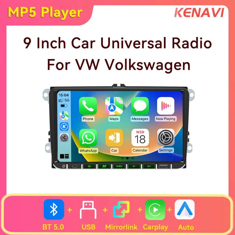 Car Head Unit Stereo Radio For Volkswagen Universal 9 Inch Wireless Carplay Android Auto BT USB AM FM RDS MP5 Multimedia Player