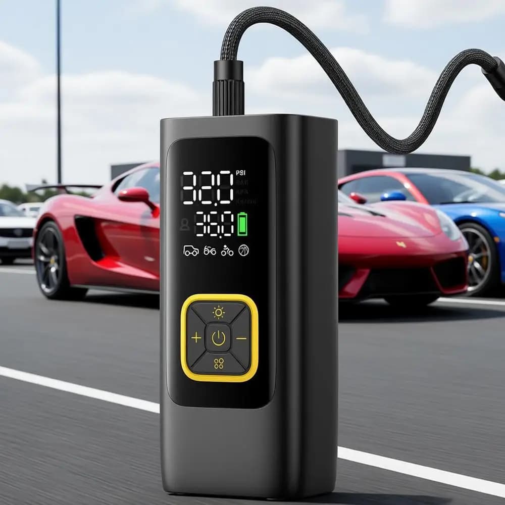 Portable Air Compressor - 150 PSI Auto and Bike Pump with Rechargeable Battery, Display Pressure Gauge, LED Light, Wireless/Pomp for Auto