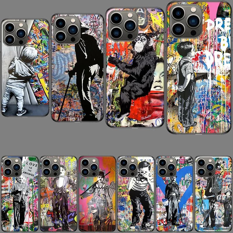 Banksy Graffiti Art Abstract Phone Case For Iphone 16E 15 Pro 14 Plus 17Air 16 17 Pro Max 12 13 Mini X XS XR 7 8 SE2020 Capa Cut