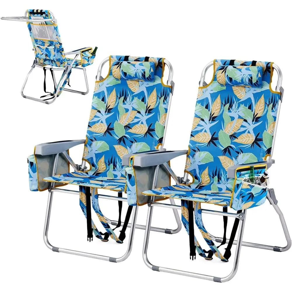 Set di 2 Sedie da Spiaggia Leggere per Adulti con Regolazione a 5 Posizioni, Borsa Termica, Portabicchieri e Porta Asciugamani