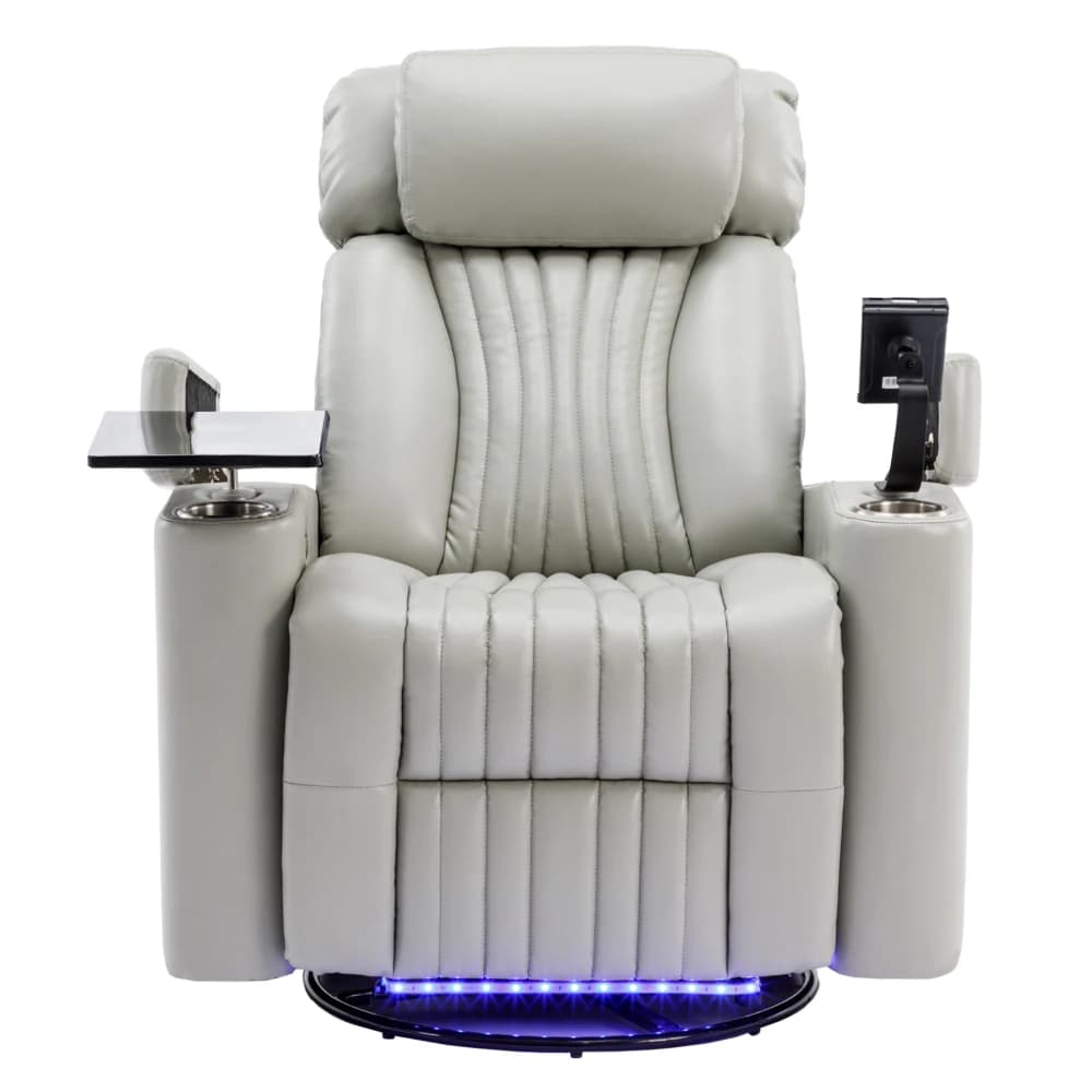 270 ° Poltrona Reclinabile Girevole, Seduta Home Theater con Vano Portaoggetti Nascosto e Striscia LED, Portabicchieri, Rotazione a 360° ° Tavolino Girevole
