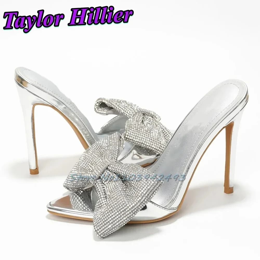 Sandali con tacco con fiocco in strass argento Punta a punta Slip On Tacchi alti Sandali solidi poco profondi De Mujer Scarpe Da Donna Blu 2025