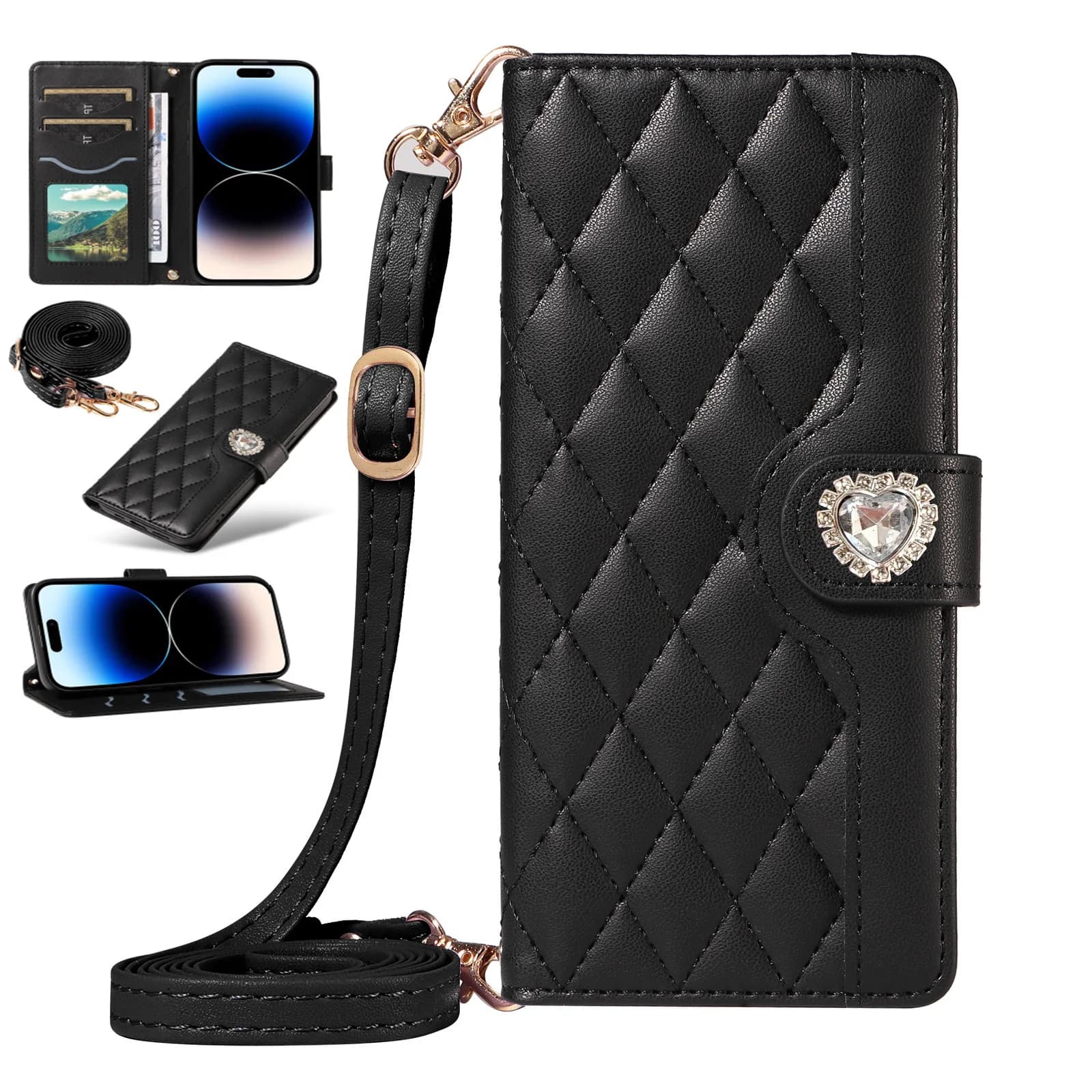 Custodia a tracolla con chiusura a libro per iPhone 17 Pro Max 16 Plus 15 14 13 12 11 8 XS, in pelle con motivo a rombi, 3 slot per carte, cinturino da polso e funzione portafoglio