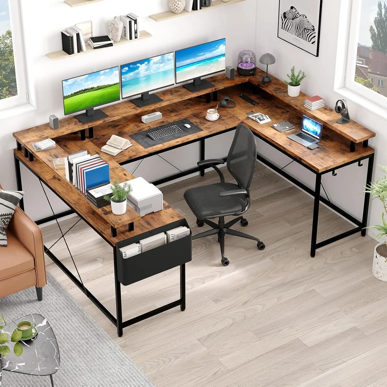 Scrivania a U da 78,8 Pollici, Scrivania a L Reversibile con Prese di Corrente, Luci LED, Supporto Monitor e Spazio di Archiviazione, Personalizzabile
