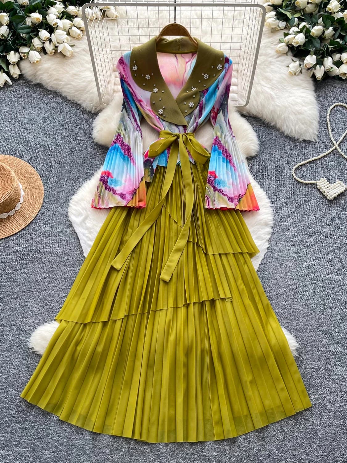 Commute Style Beaded Waist Cinching Long Dress Women's Wrap Design A-Line Skirt High Waist Polyester Fiber Summer Dress