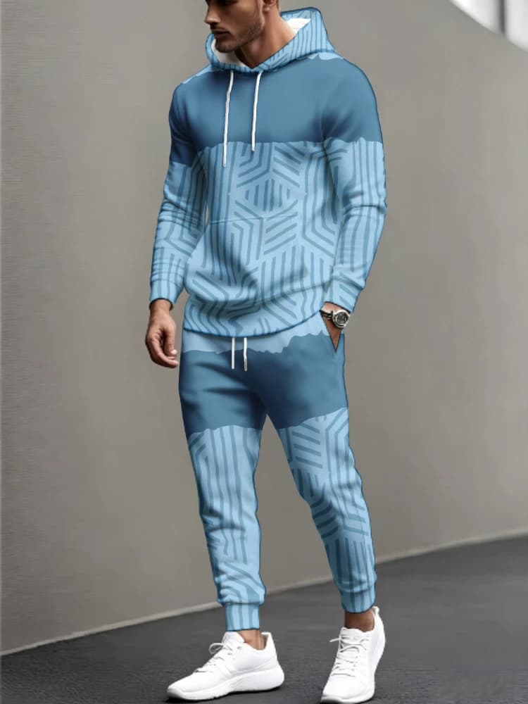 Men 2‑Piece Tracksuit Set Color Block Geometric Stripe Print Pullover Hoodie Sweatshirt With Jogger Pants Casual Sportswear Suit