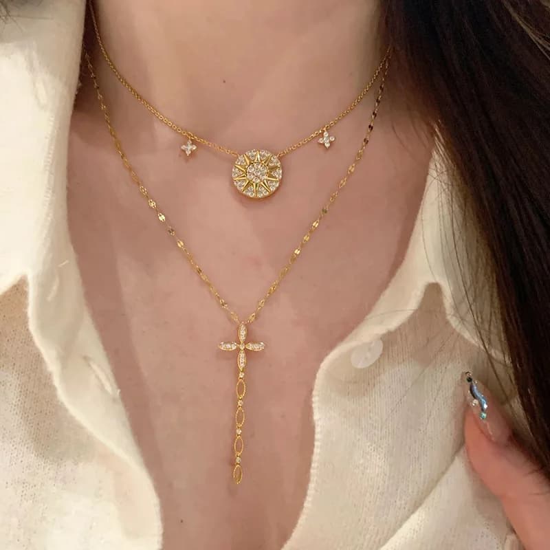ElegantHX Collana con ciondolo bussola a stella a otto punte per donna con ciondolo a croce con frange staccabili Gioielli versatili a strati