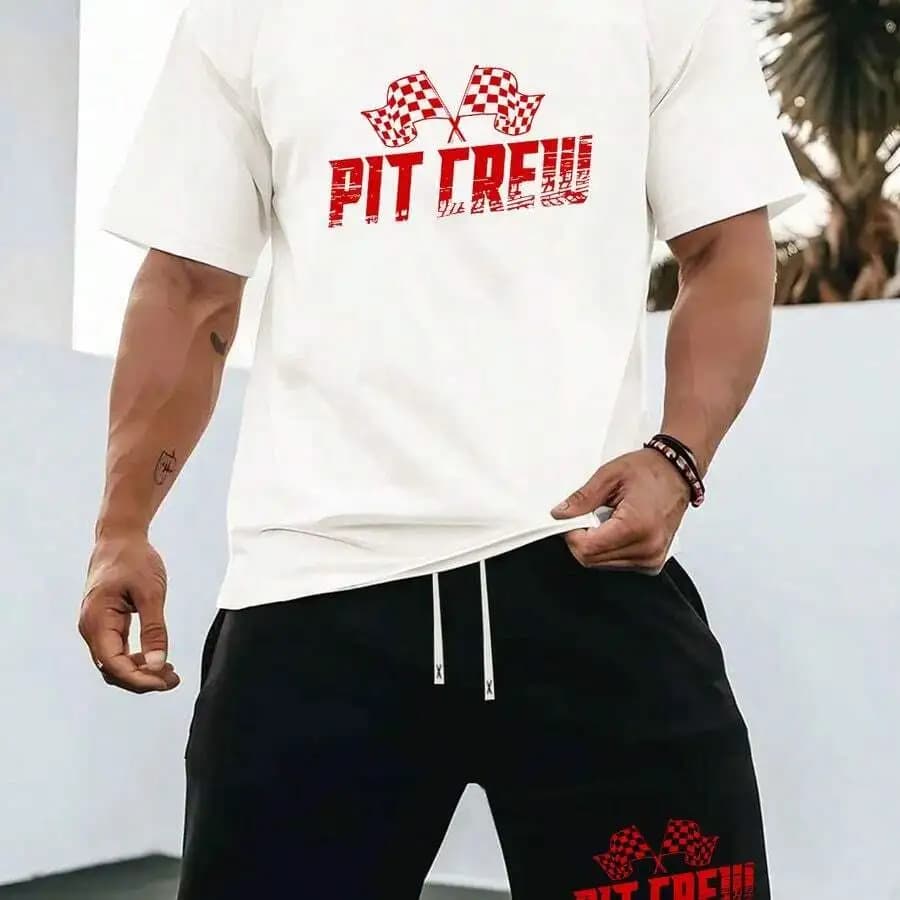 Set di t-shirt sportiva casual a maniche corte e pantaloncini da uomo con stampa bandiera da corsa