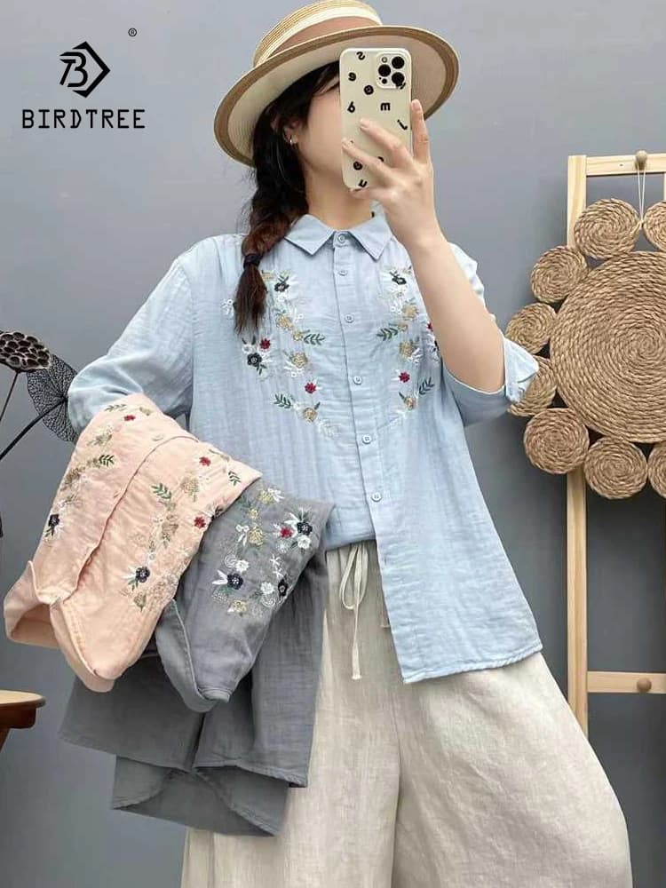 Nuova camicia a mezza manica in filato di cotone estivo 2025, ricamo colletto rovesciato da donna, camicetta allentata morbida Mori Girl OL Chic T54812CC
