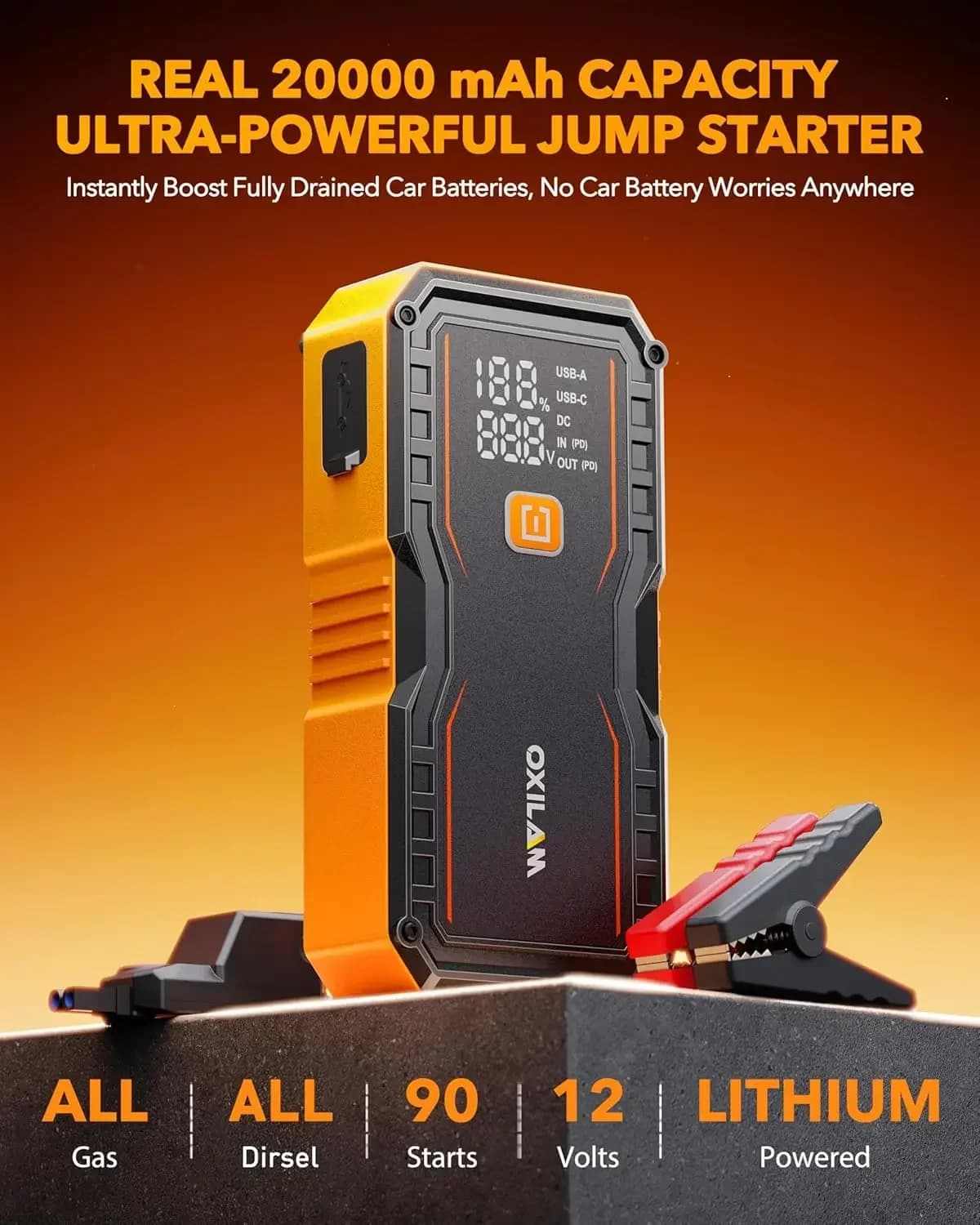 20000mAh Jump Starter for All Gas & Diesel Engines, 9000A Battery Jumper Starter Portable, 12V Jump Box with Quick Charger, Exte