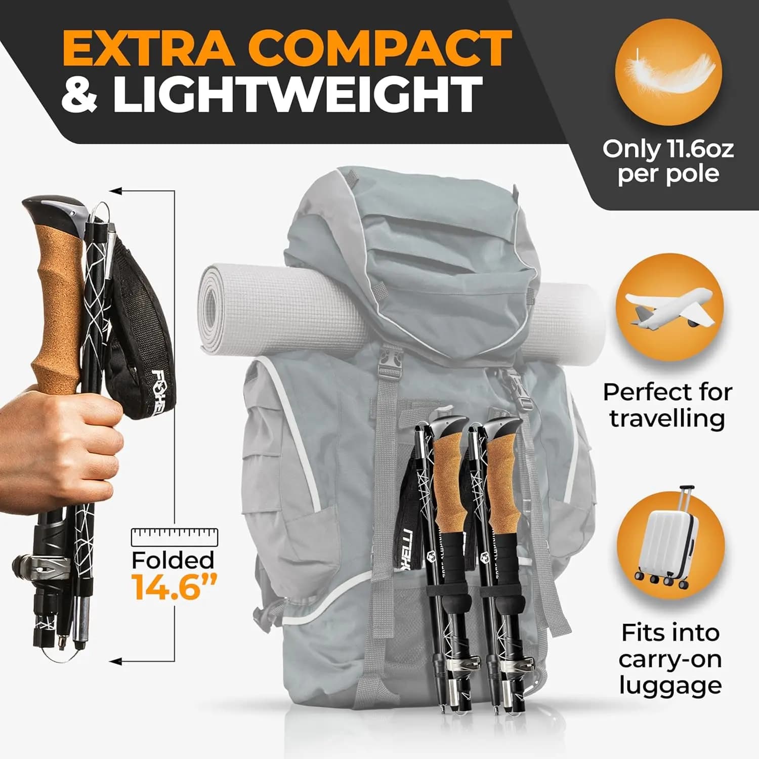 Bastoncini da trekking leggeri con chiusura rapida, impugnatura ergonomica in sughero e punte per tutti i terreni per escursioni e viaggi