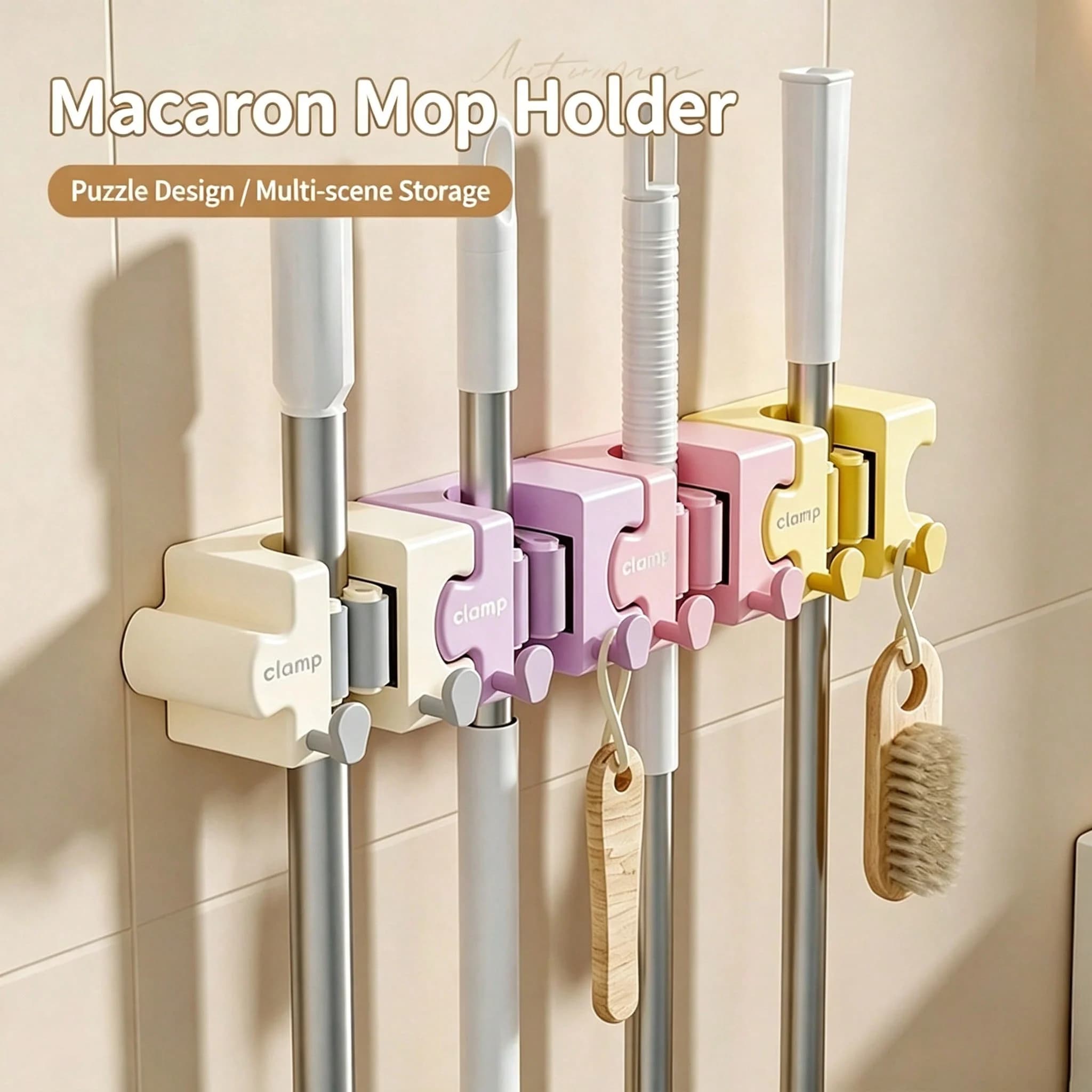1pc/4pcs Puzzle Splicing Mop Broom Holder No‑Drill Wall‑Mount Macaron Self‑Adhesive Mop Clip w/ Hooks for Bath Kitchen Storage